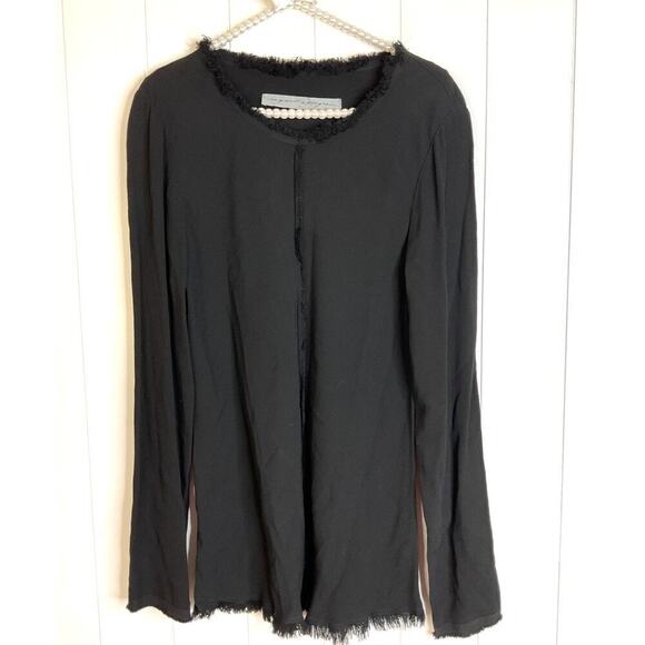 Raquel Allegra Black 100% Rayon Long Sleeve Freyed Hem Blouse Size 3/Large - Picture 1 of 7
